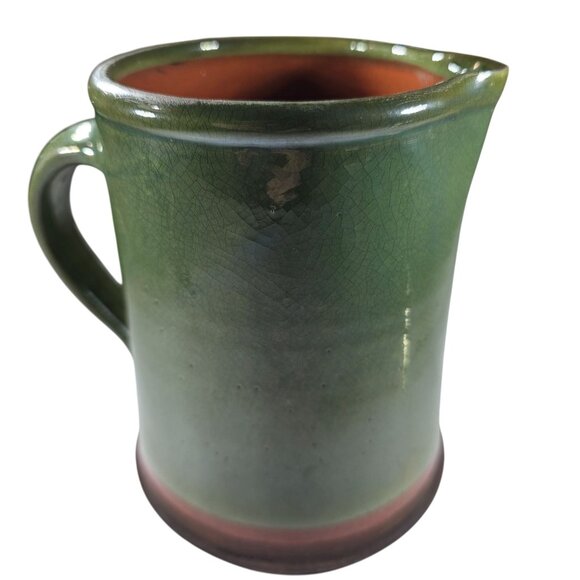 Handcrafted pitcher Green Ceramic olive brown rustic country inscribed initialed - Picture 3 of 9